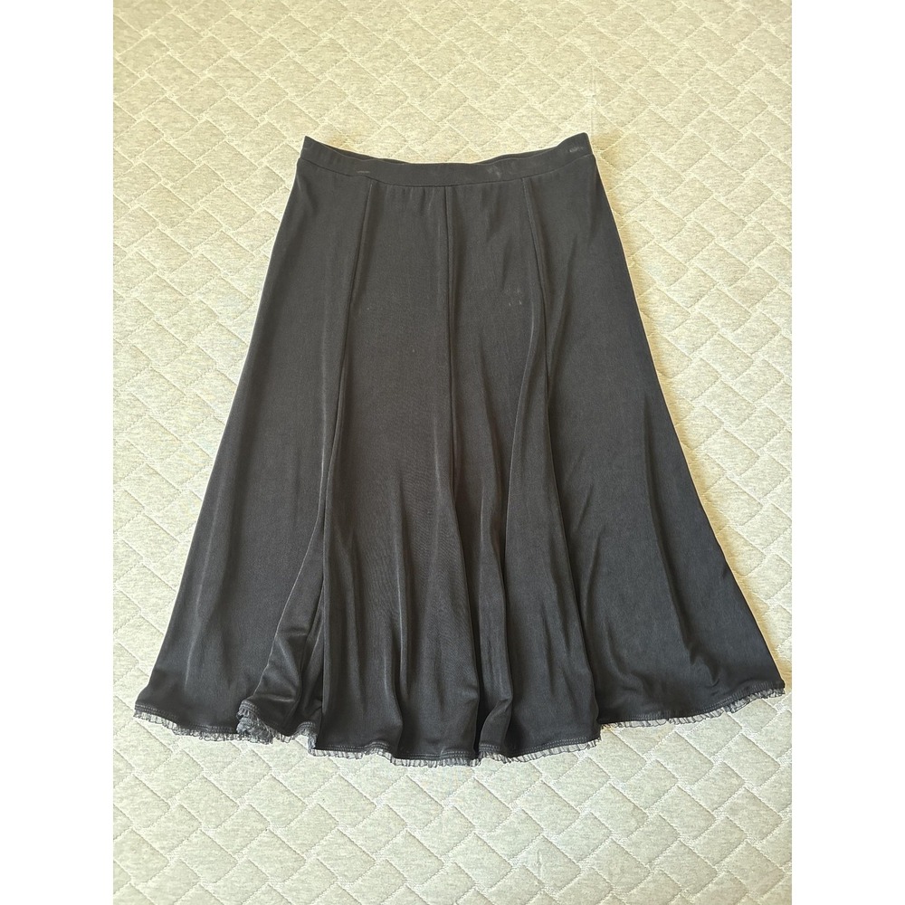 Chico's Travelers Amara Skirt Womens 1 Black Flare Jersey Ruffle Hem Midi Travel